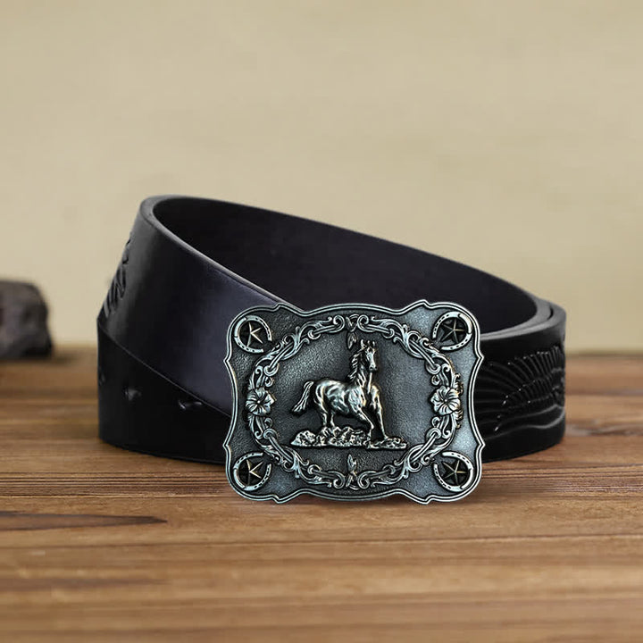 Ceinture en cuir à boucle pour homme avec motif cheval sauvage