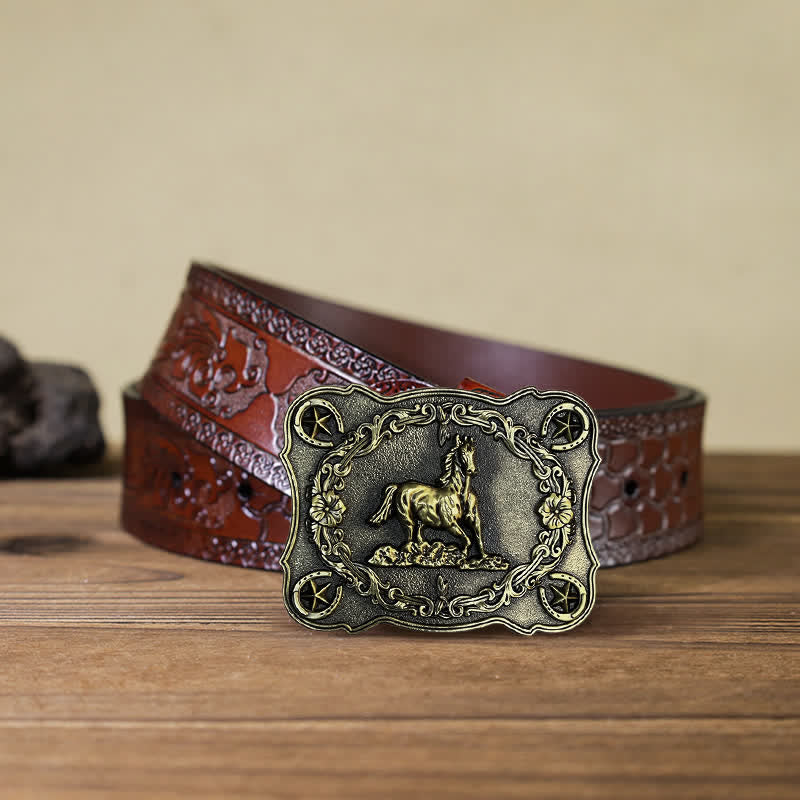 Ceinture en cuir à boucle pour homme avec motif cheval sauvage