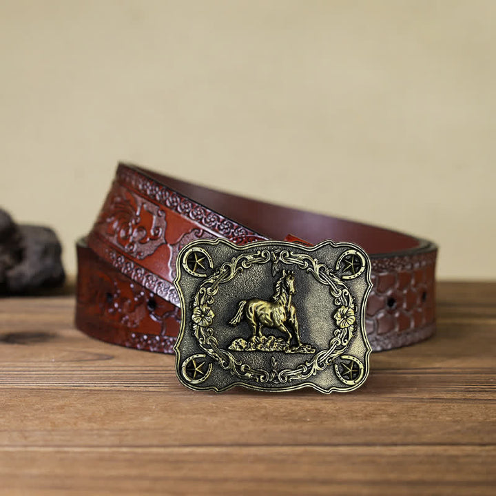 Ceinture en cuir à boucle pour homme avec motif cheval sauvage