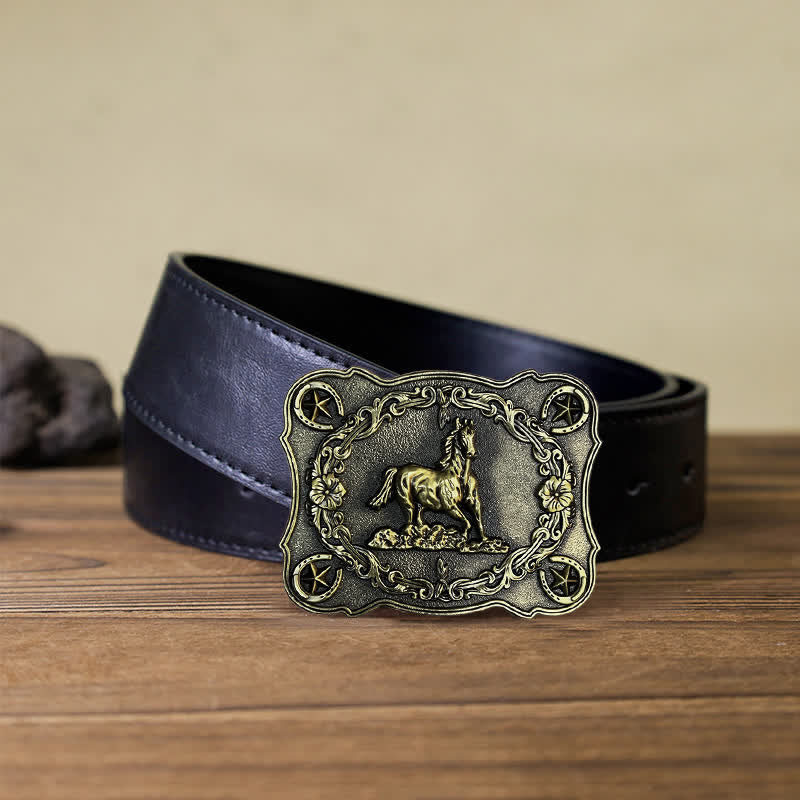 Ceinture en cuir à boucle pour homme avec motif cheval sauvage