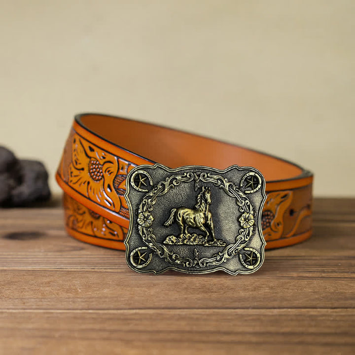 Ceinture en cuir à boucle pour homme avec motif cheval sauvage