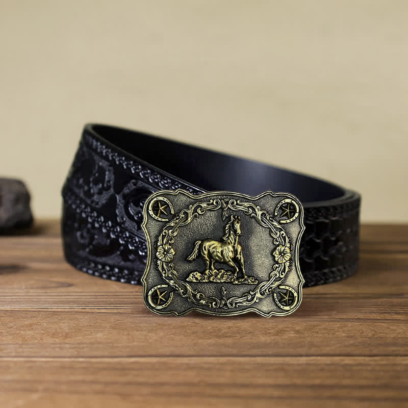 Ceinture en cuir à boucle pour homme avec motif cheval sauvage