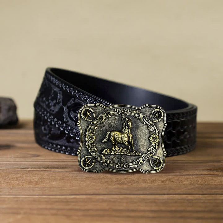 Ceinture en cuir à boucle pour homme avec motif cheval sauvage