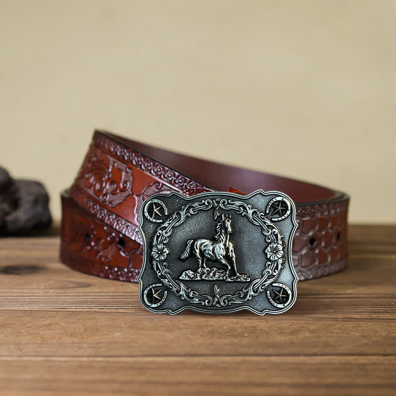 Ceinture en cuir à boucle pour homme avec motif cheval sauvage