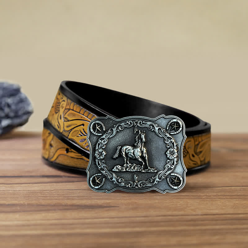 Ceinture en cuir à boucle pour homme avec motif cheval sauvage
