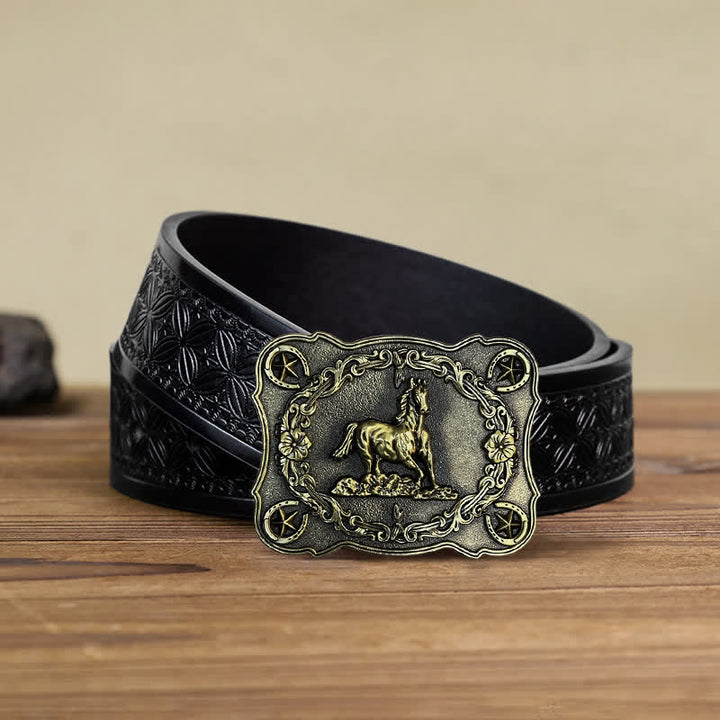 Ceinture en cuir à boucle pour homme avec motif cheval sauvage