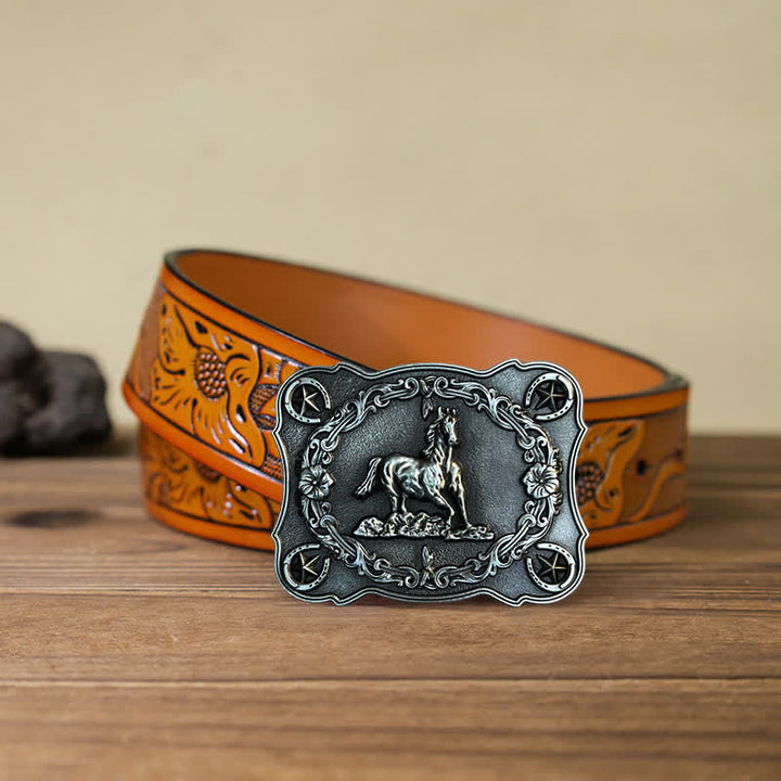 Ceinture en cuir à boucle pour homme avec motif cheval sauvage
