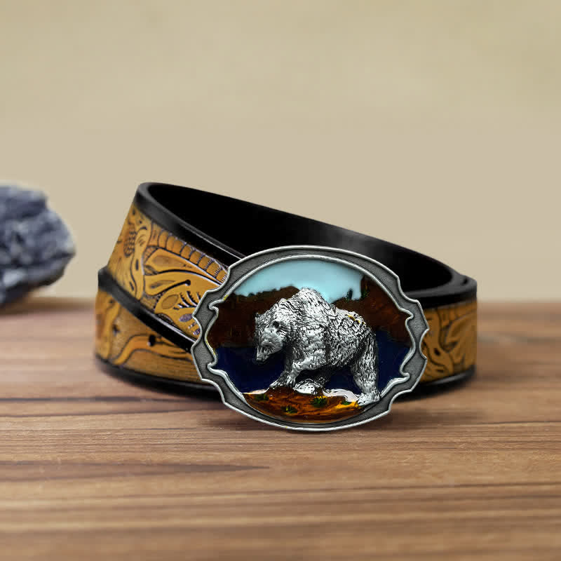 Ceinture en cuir à boucle émaillée pour homme avec motif ours polaire