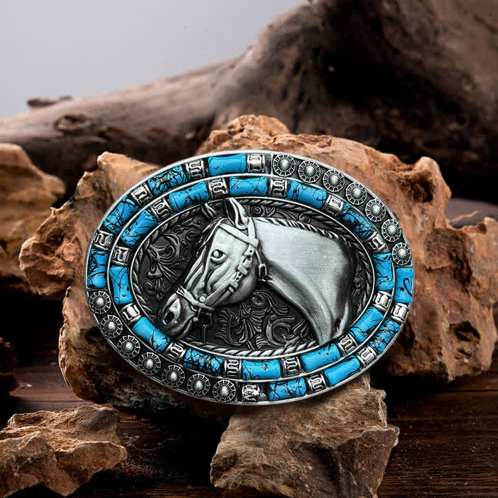 Ceinture en cuir à boucle turquoise pour homme avec tête de cheval