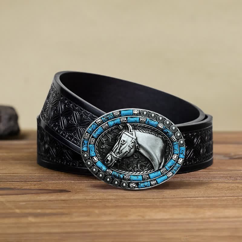 Ceinture en cuir à boucle turquoise pour homme avec tête de cheval
