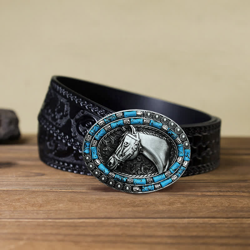 Ceinture en cuir à boucle turquoise pour homme avec tête de cheval