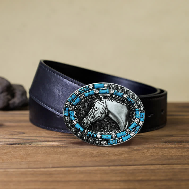 Ceinture en cuir à boucle turquoise pour homme avec tête de cheval