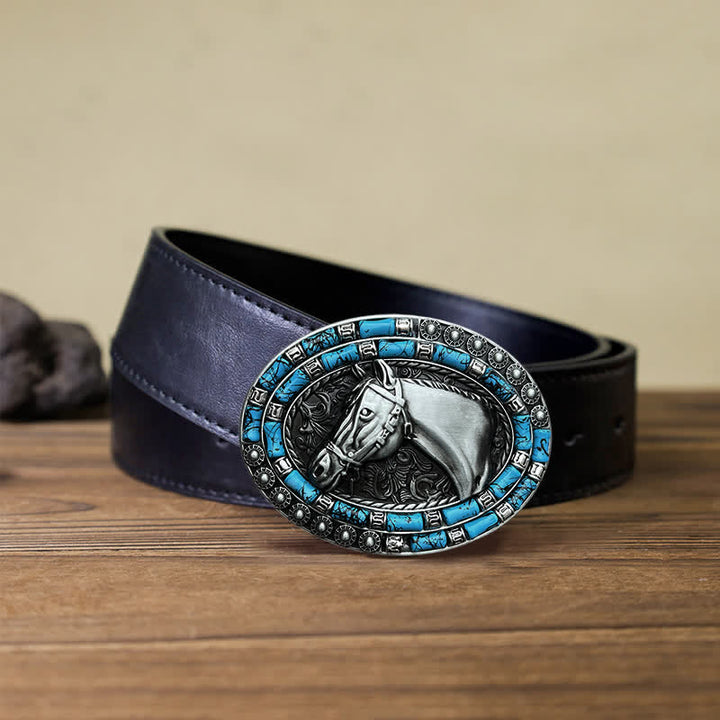 Ceinture en cuir à boucle turquoise pour homme avec tête de cheval