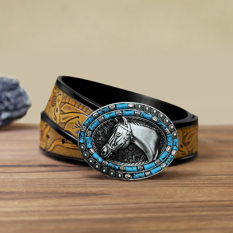 Ceinture en cuir à boucle turquoise pour homme avec tête de cheval