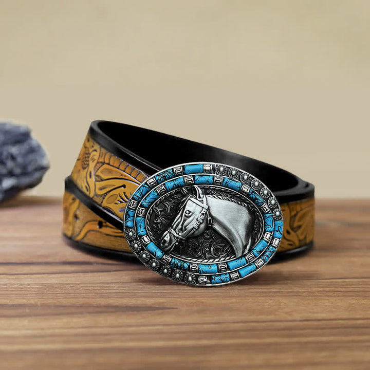 Ceinture en cuir à boucle turquoise pour homme avec tête de cheval