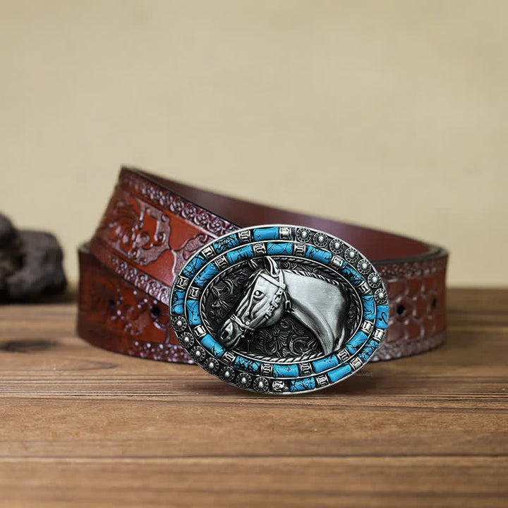 Ceinture en cuir à boucle turquoise pour homme avec tête de cheval