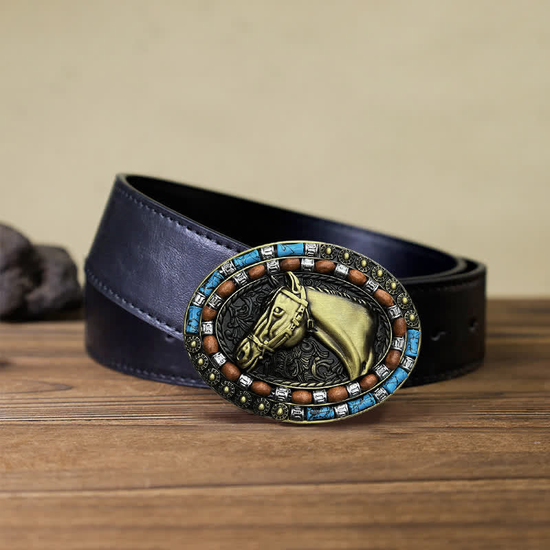 Ceinture en cuir à boucle turquoise pour homme avec tête de cheval
