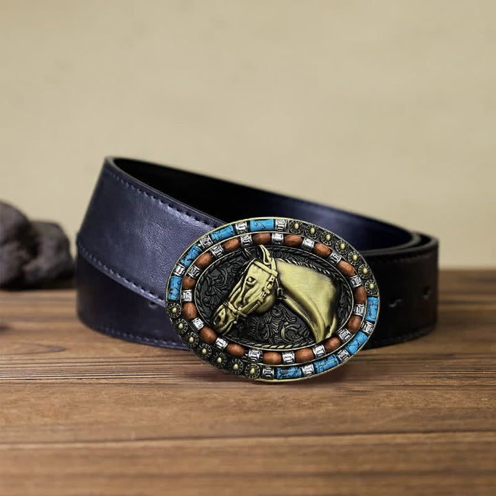 Ceinture en cuir à boucle turquoise pour homme avec tête de cheval