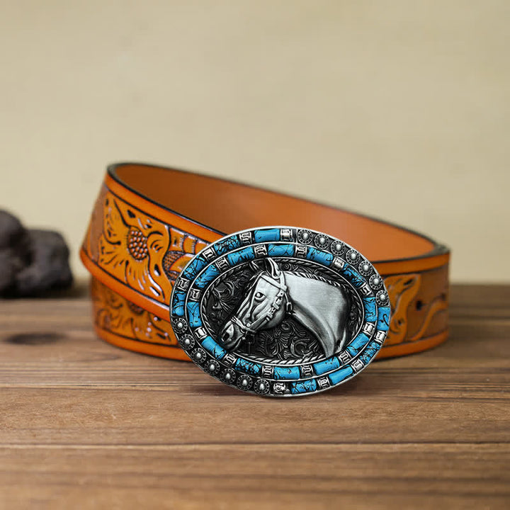 Ceinture en cuir à boucle turquoise pour homme avec tête de cheval