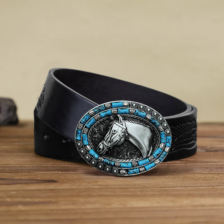 Ceinture en cuir à boucle turquoise pour homme avec tête de cheval