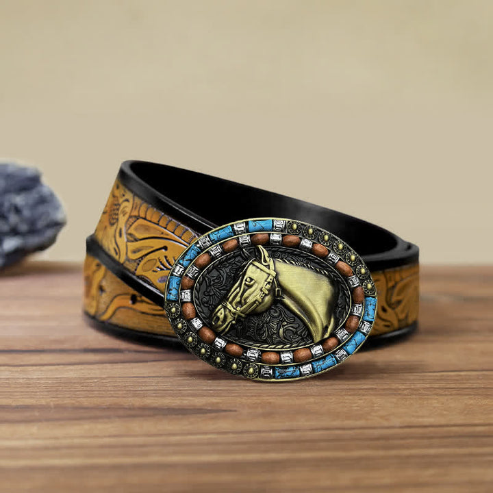 Ceinture en cuir à boucle turquoise pour homme avec tête de cheval