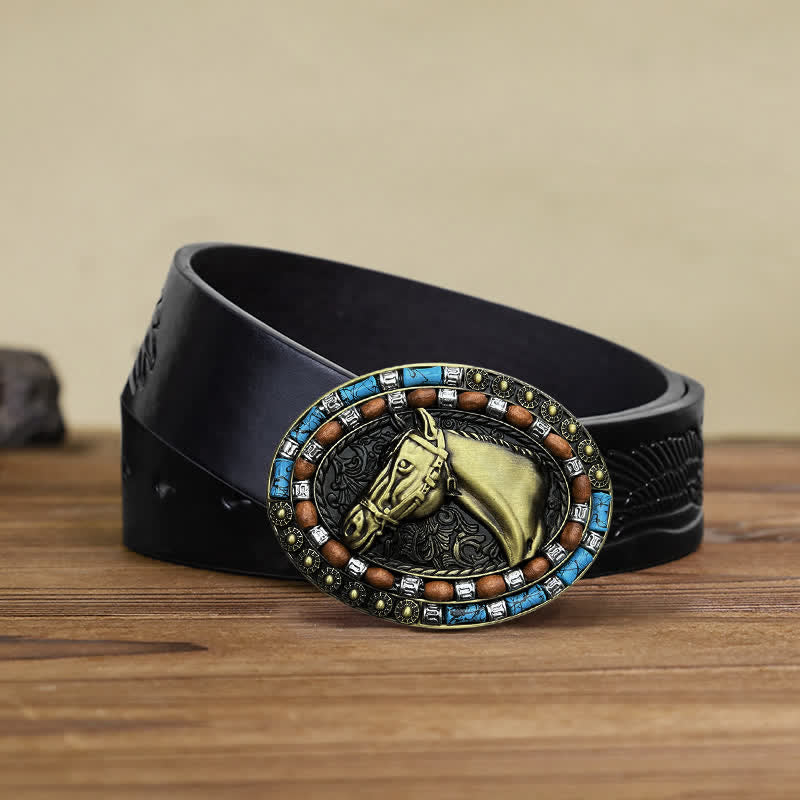 Ceinture en cuir à boucle turquoise pour homme avec tête de cheval