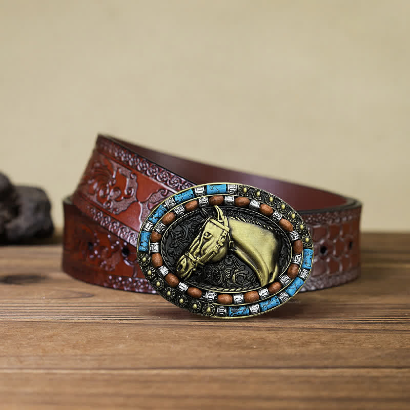 Ceinture en cuir à boucle turquoise pour homme avec tête de cheval
