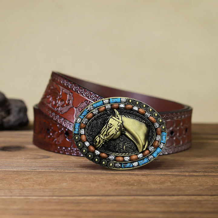 Ceinture en cuir à boucle turquoise pour homme avec tête de cheval