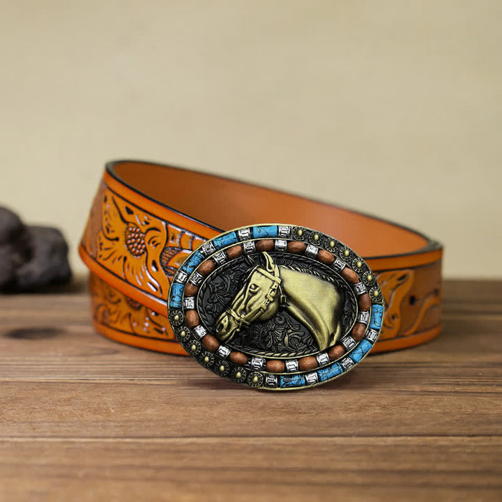 Ceinture en cuir à boucle turquoise pour homme avec tête de cheval