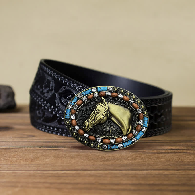 Ceinture en cuir à boucle turquoise pour homme avec tête de cheval