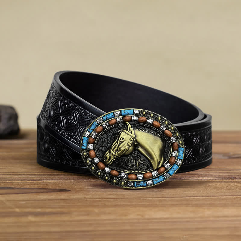 Ceinture en cuir à boucle turquoise pour homme avec tête de cheval