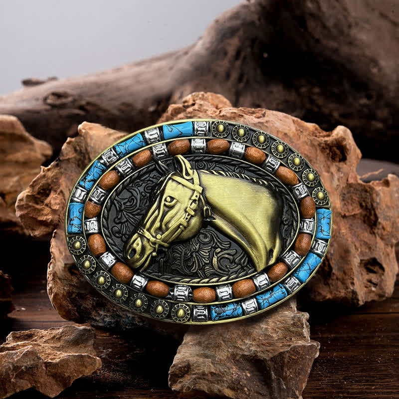 Ceinture en cuir à boucle turquoise pour homme avec tête de cheval