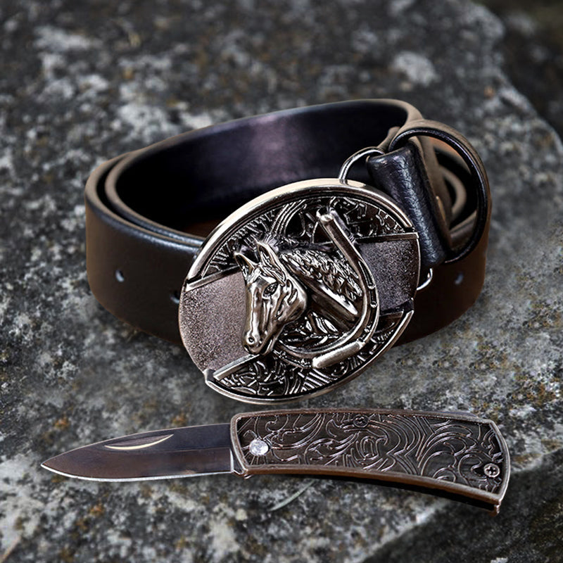 Ceinture en cuir pour homme avec tête de cheval et couteau pliant