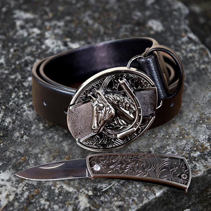 Ceinture en cuir pour homme avec tête de cheval et couteau pliant