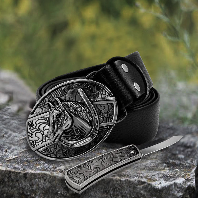 Ceinture en cuir pour homme avec tête de cheval et couteau pliant