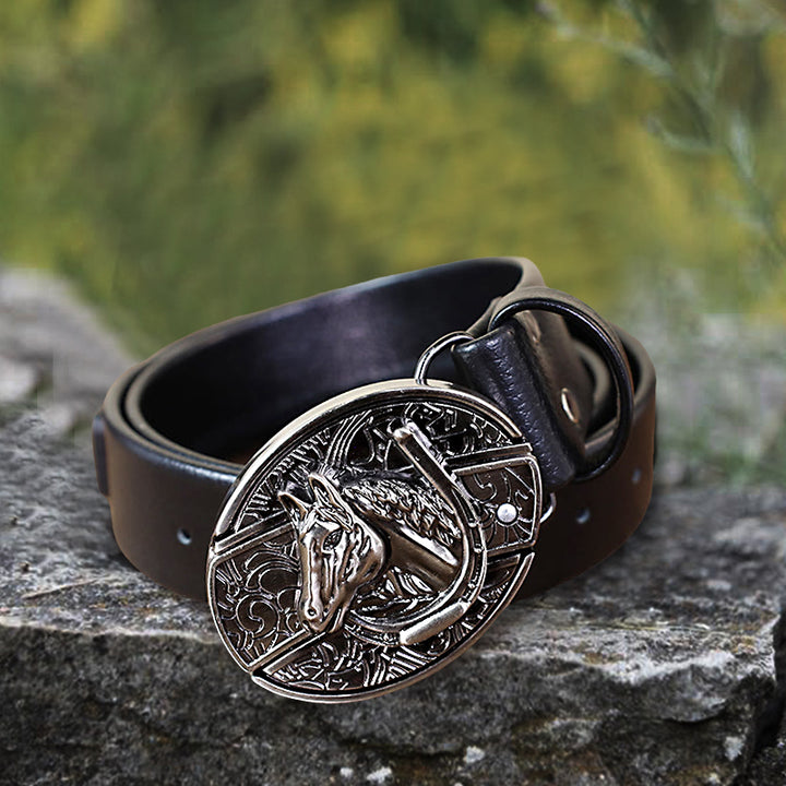 Ceinture en cuir pour homme avec tête de cheval et couteau pliant