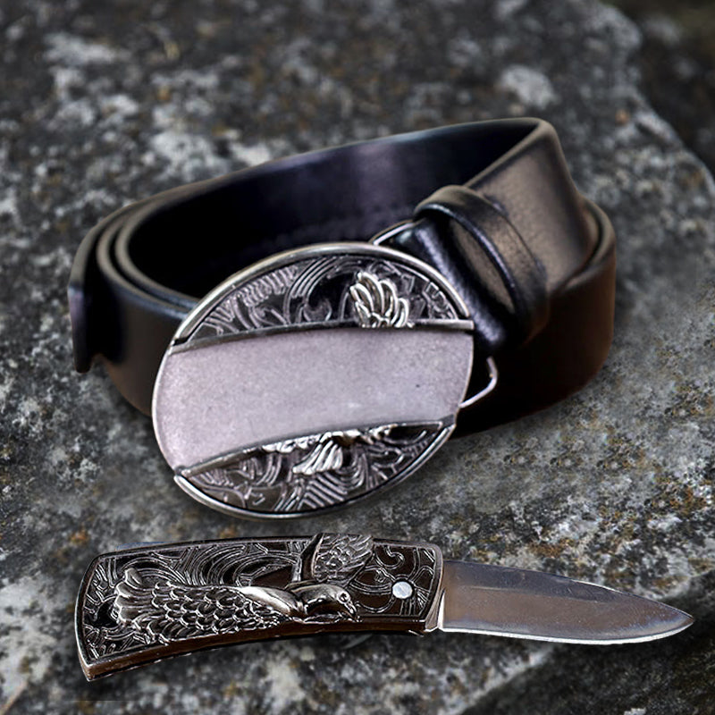 Ceinture en cuir pour homme avec couteau pliant Soaring Eagle
