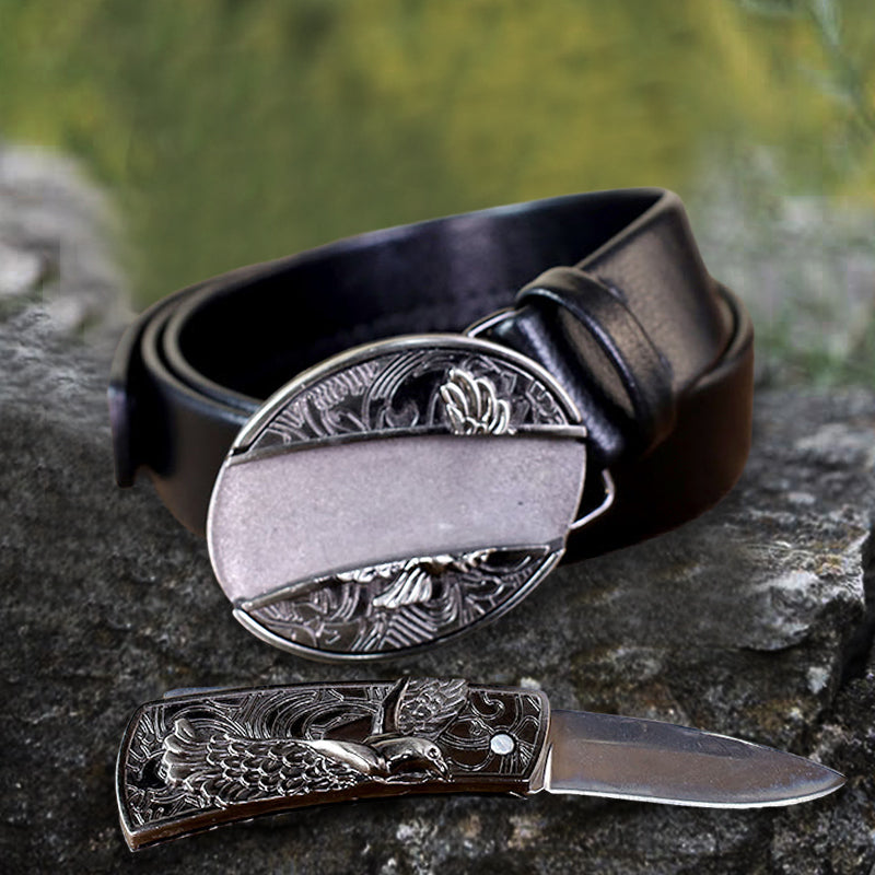 Ceinture en cuir pour homme avec couteau pliant Soaring Eagle