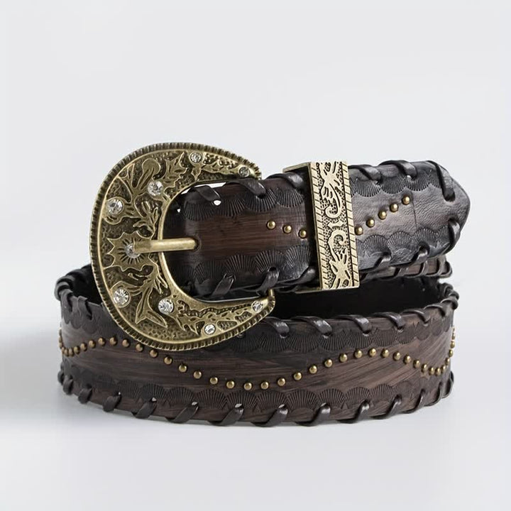 Ceinture en cuir gaufré à rivets et strass rétro pour femme