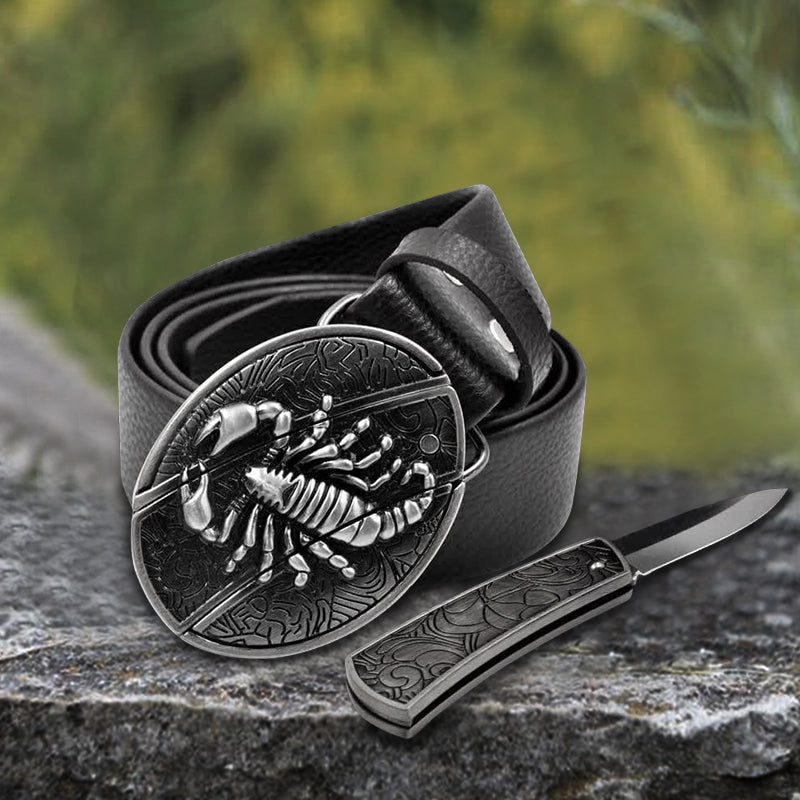 Ceinture en cuir scorpion pour homme avec couteau pliant