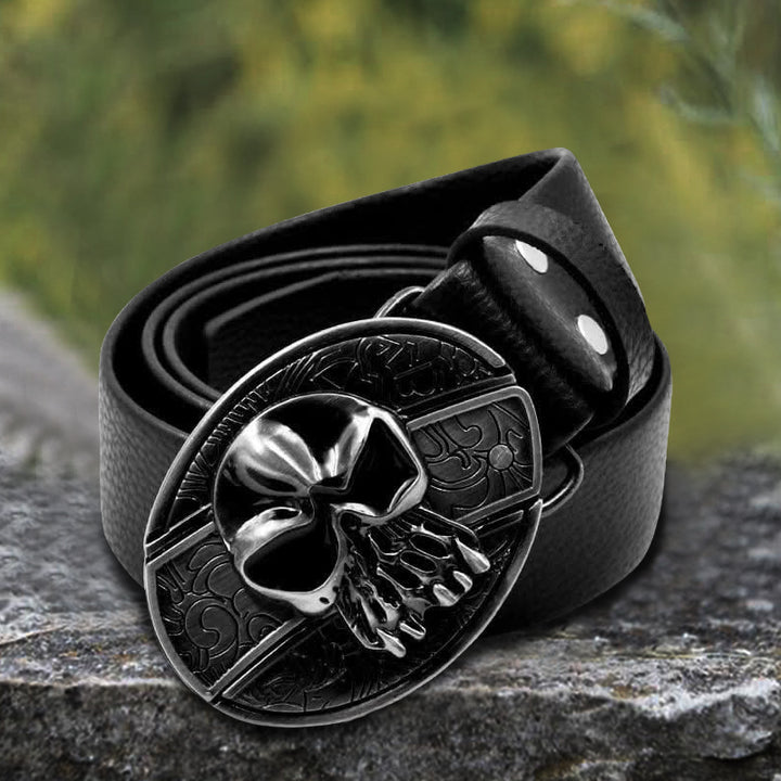 Ceinture en cuir pour homme avec tête de mort et couteau pliant