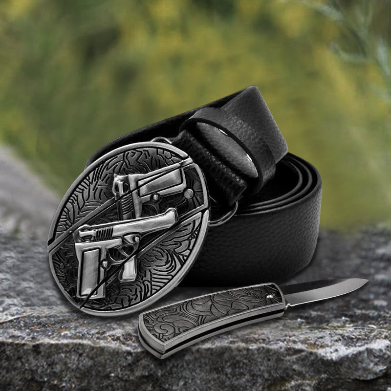 Ceinture en cuir pour homme avec double pistolet et couteau pliant