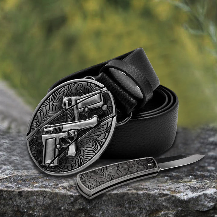 Ceinture en cuir pour homme avec double pistolet et couteau pliant