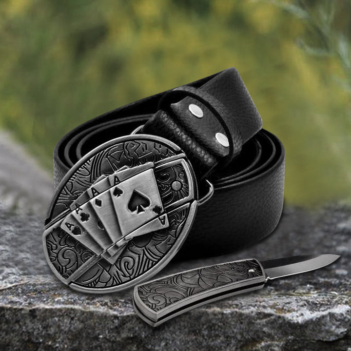 Ceinture en cuir pour homme Poker 4 Ace avec couteau pliant