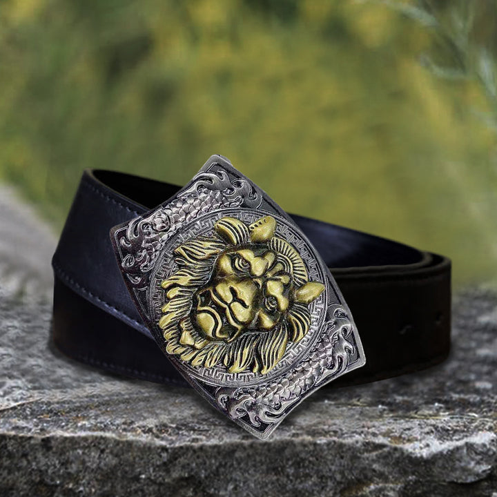 Ceinture en cuir pour homme avec couteau pliant caché Lion doré