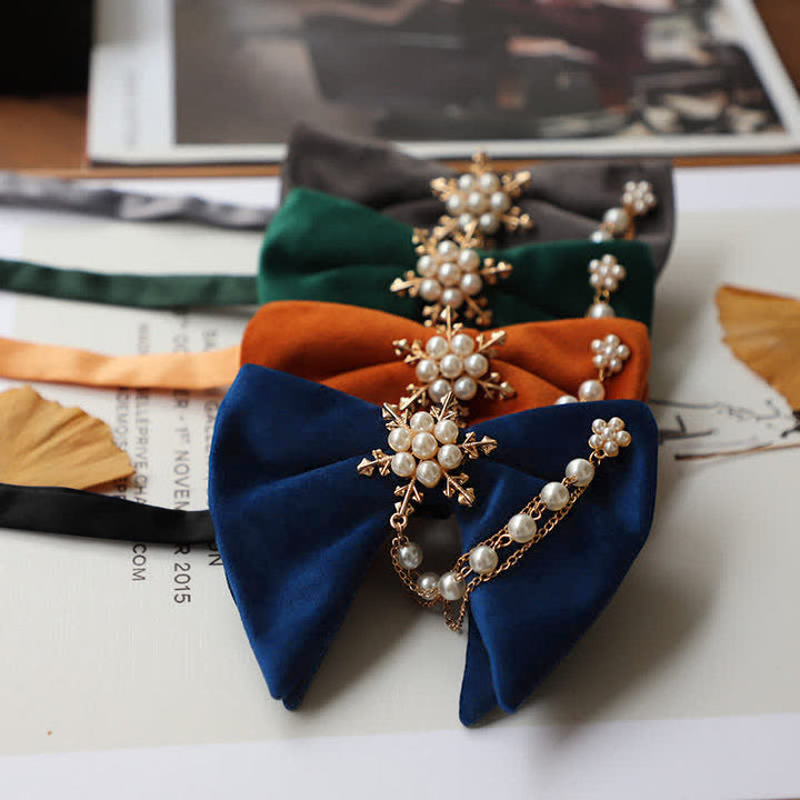 Pochette de costume en velours avec nœud papillon et chaîne de perles pour homme