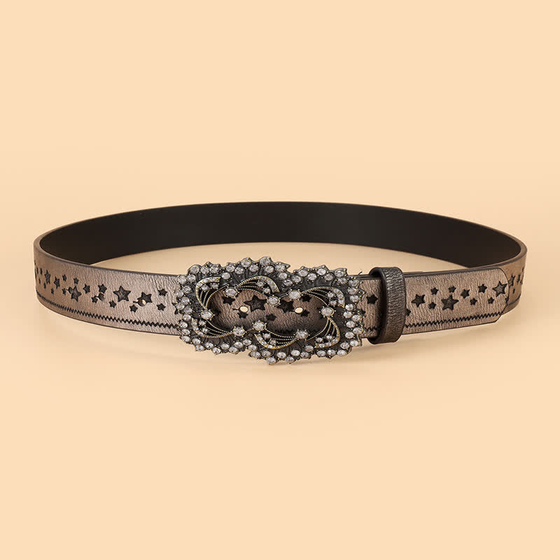Ceinture en cuir avec gaufrage pentagramme strass pour femme