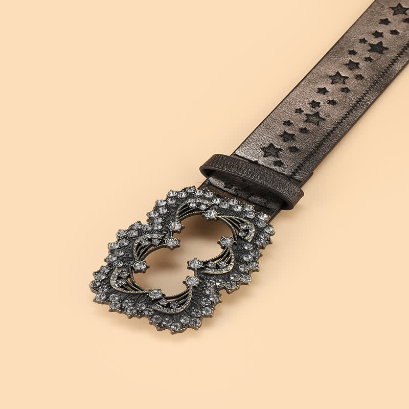 Ceinture en cuir avec gaufrage pentagramme strass pour femme