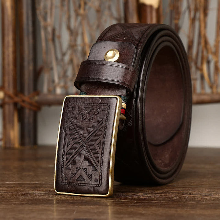 Ceinture en cuir à motif totem gravé avec boucle carrée pour homme