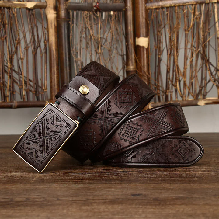Ceinture en cuir à motif totem gravé avec boucle carrée pour homme